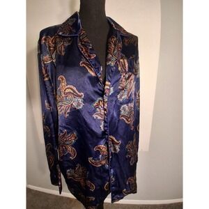 Number 1 London sleep Shirt Pajama Top Poly Satin Blue Paisley Print  Button Up